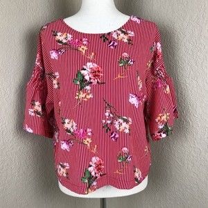 NWT Meraki Floral Blouse Bell Sleeves Cropped Red White Stripes Roses Size Large
